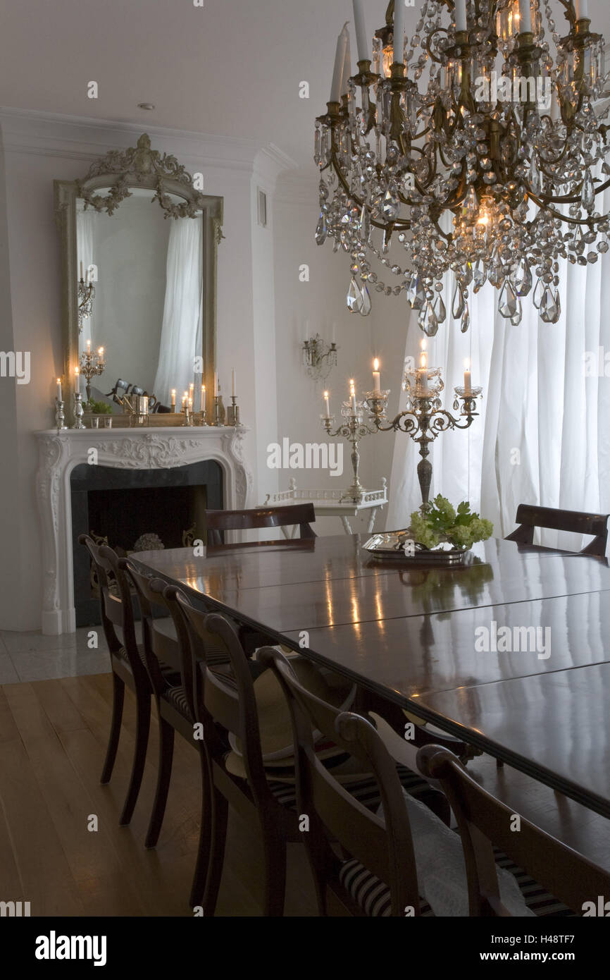Flat, dining room, chimney, mirror, dining table, chandelier, candles, Stock Photo