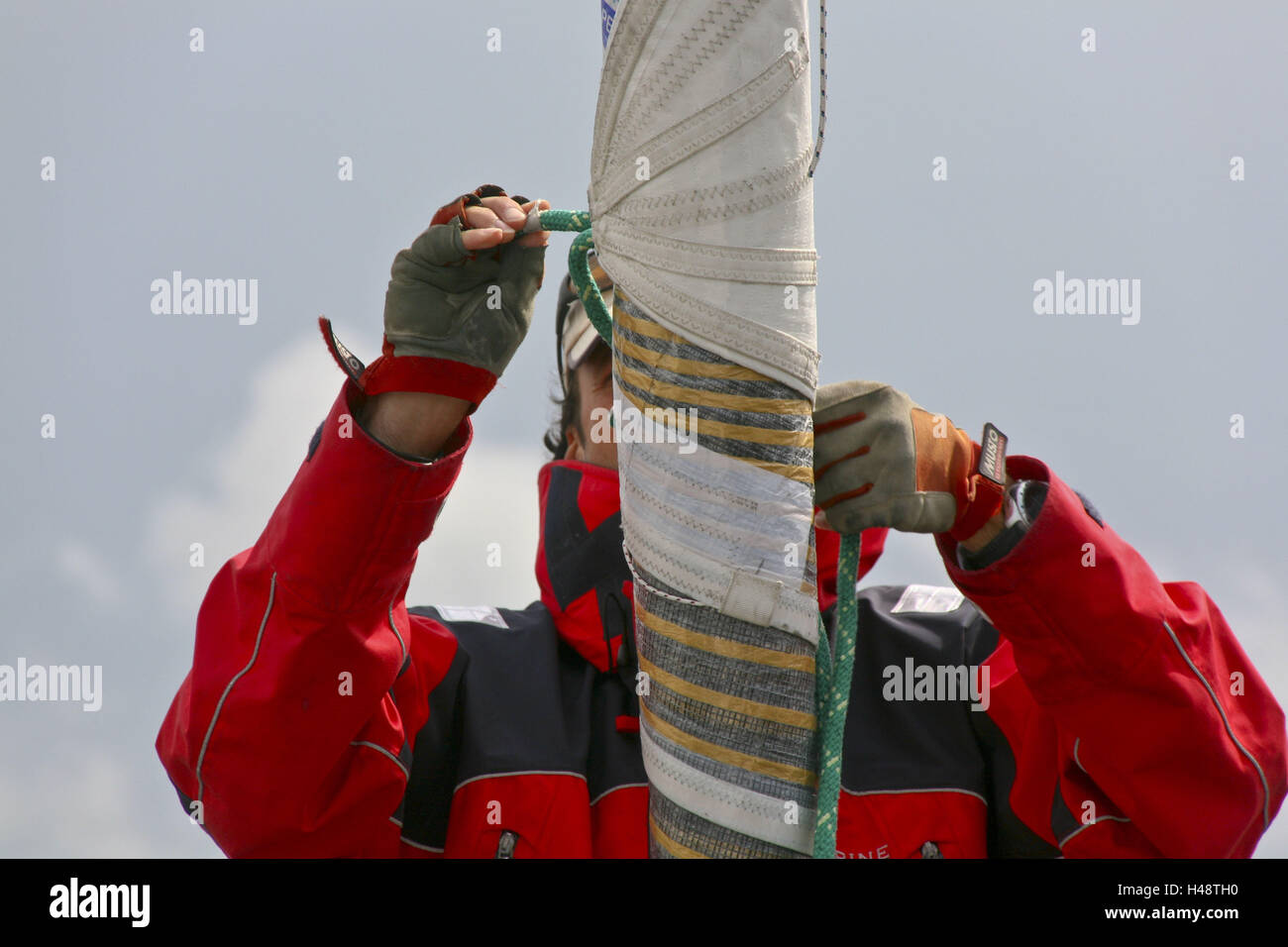 Sailboats, man, head sail, detail, Stock Photo