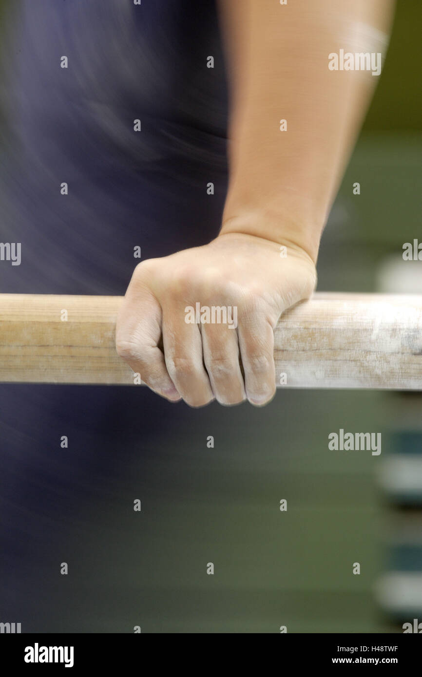 Gymnast, bars, detail, hand, grip, magnesium, closeup, detail Stock