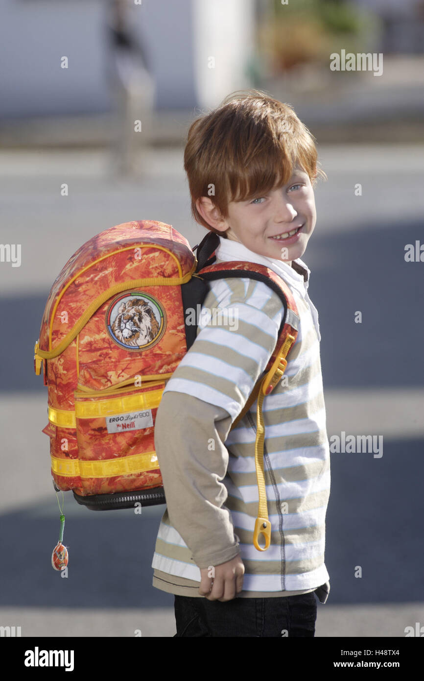 Boy, school way, schoolbag, smile, view camera, Stock Photo