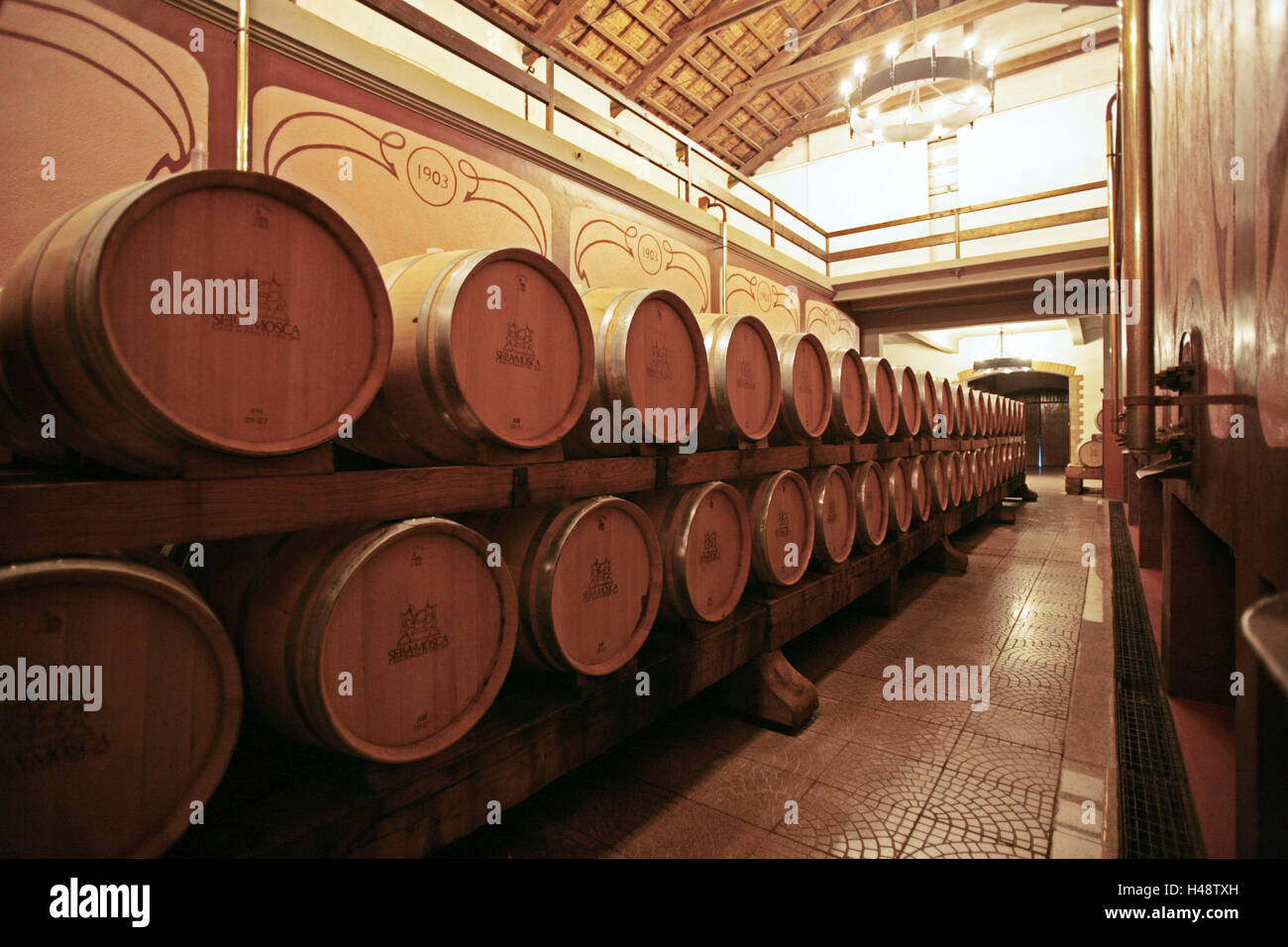 Italy, Sardinia, Alghero, Sella & Mosca, vineyard, Lagerkeller, wine casks, island, destination, deserted, annex area, wine-growing area, wine area, building, architecture, inside, wine cellar, wine warehouse, storage, maturation, barrels, Wooden barrels, Stock Photo