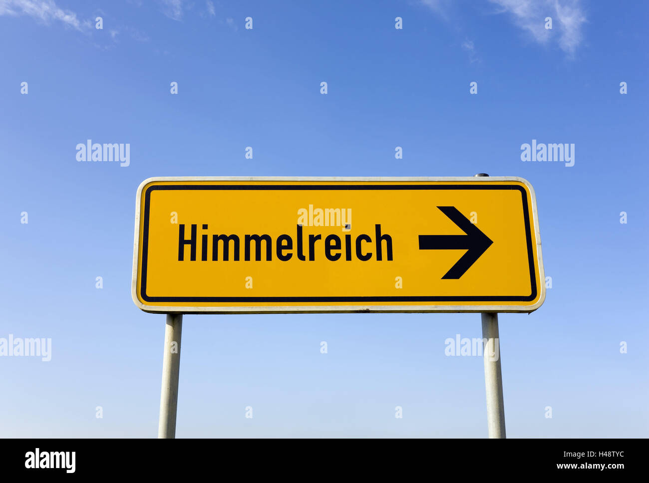 Germany, Baden-Wurttemberg, local child kingdom heaven, heaven, blue, place, local child, kingdom heaven, signpost, sign, tip, sign, yellow, arrow, direction, on the right, direction wise man, icon, conception, faith, religion, Christianity, Stock Photo