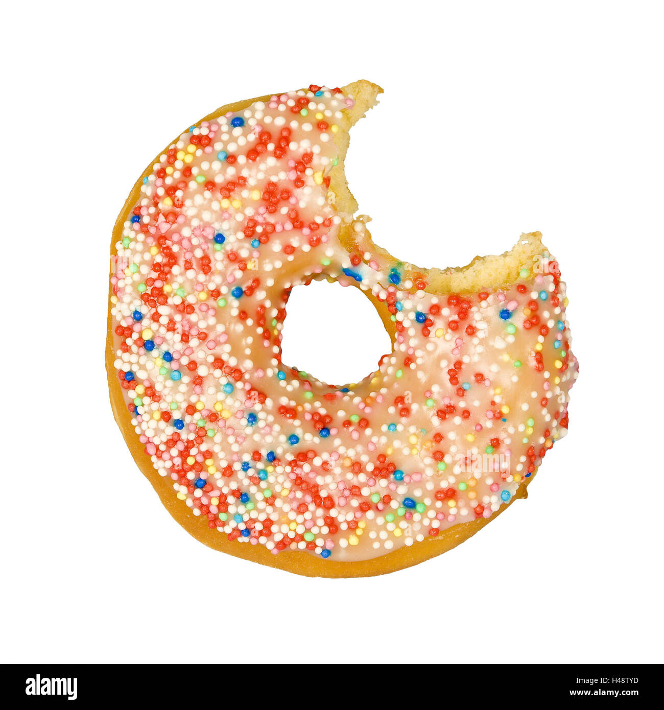 Doughnut, sugar crumble, brightly, bitten into, cake, in American manner, typically, cakes and pastries, Nascherei, nibble, sweetness, sweetly, tasty, crumble, ring-shaped, hole, sugar, background, white, cut out, Food, Stock Photo
