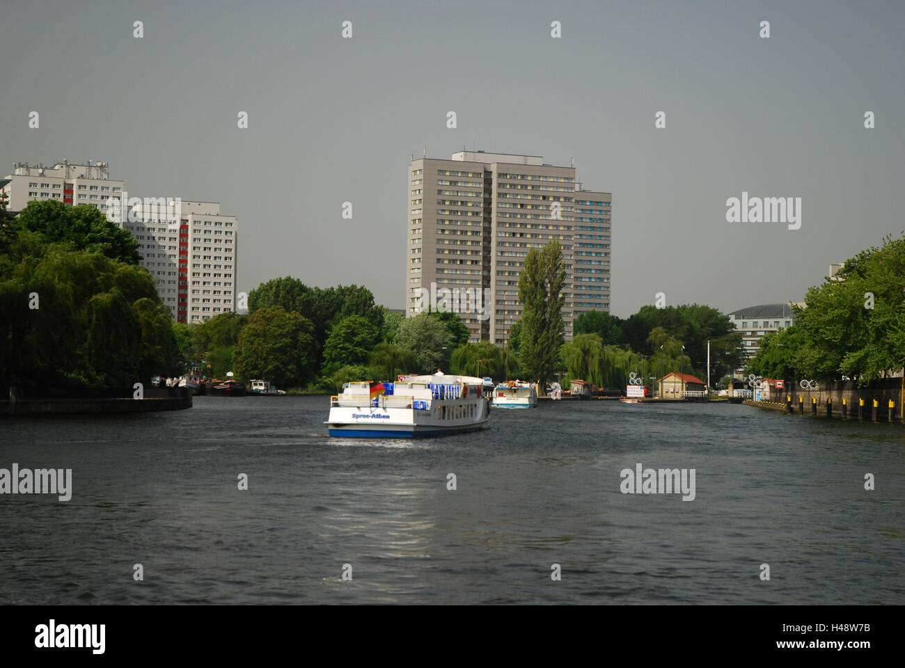 Germany, Berlin, Friedrich's grove, high rises, the Spree, boots, capital, Berlin-Friedrich's grove, river, building, residential blocks, shores, riversides, ships, excursion boats, tourism, Stock Photo