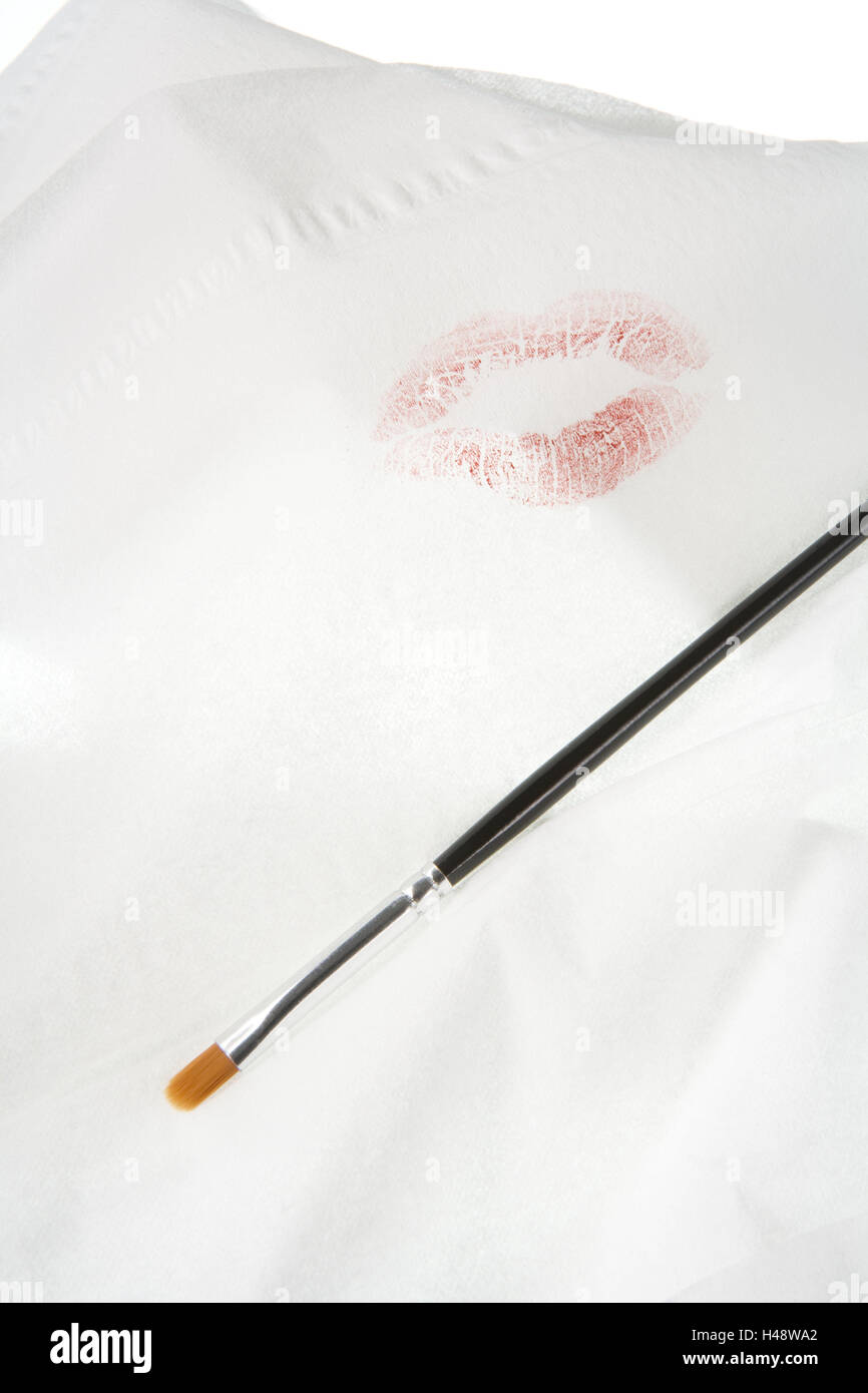 Cosmetics cloth, lip impression, brush, brush, cosmetics brush, cosmetics, beauty, Beauty, cloth, white, lipstick, kiss mouth, shell, care, facial care, make-up, impression, lips, red, cut out, Stock Photo
