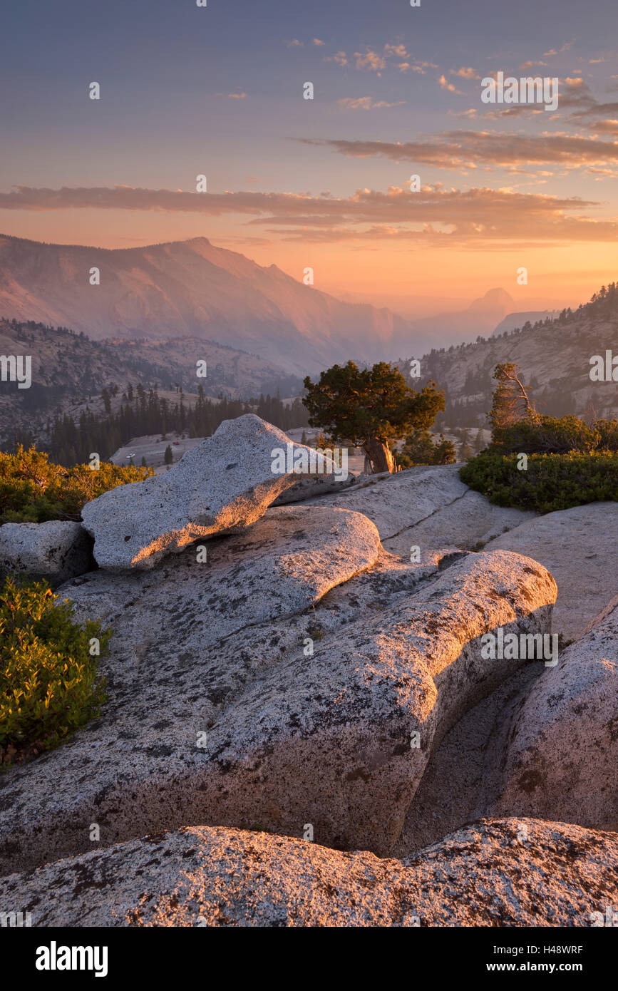 Sunset above Half Dome, viewed from Olmsted Point, Yosemite National Park, California, USA. Autumn (October) 2014. Stock Photo