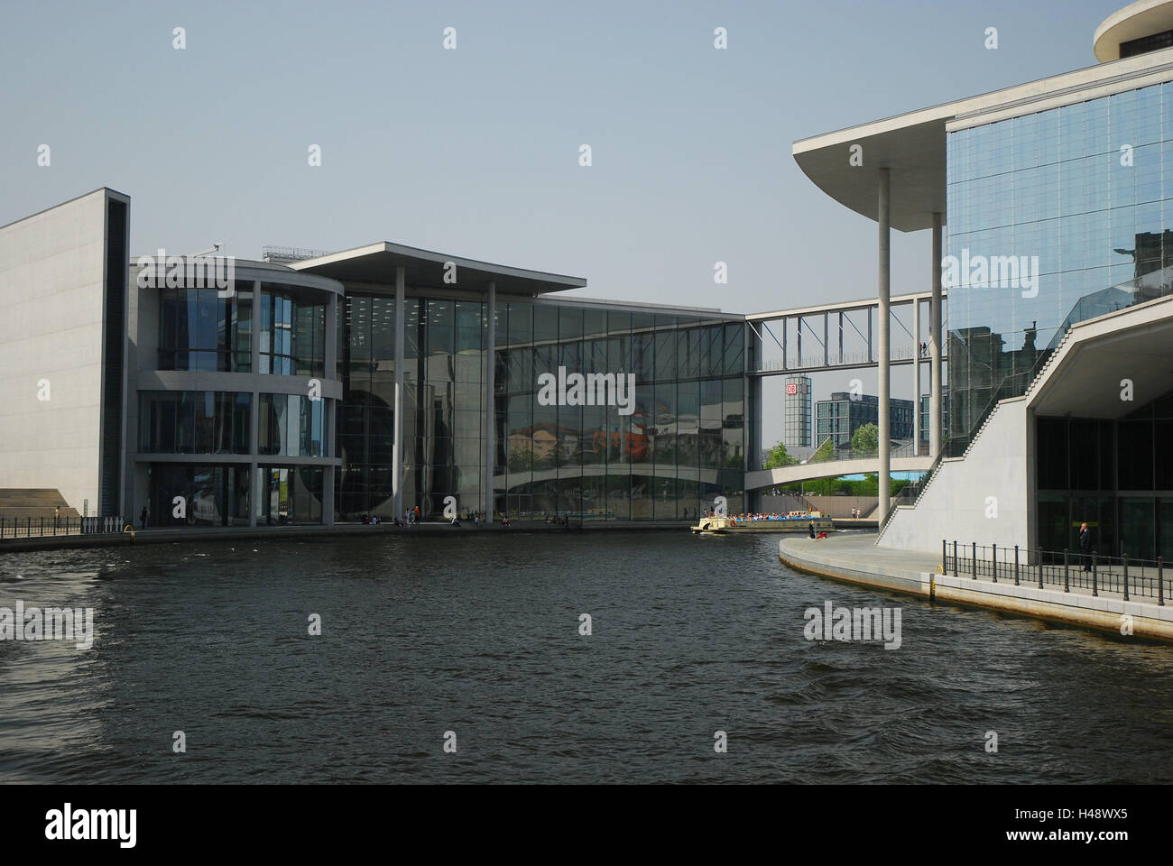 Germany, Berlin, Spree bow, government district, building, architecture, bridge, town, capital, the Spree, excursion boat, facades, glass fronts, architecture, footbridge, river, Stock Photo