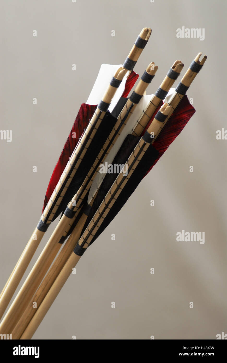Arrows, floor, shaft, feathers, Nocke, tracts, quivers, many, red, white, black, Stock Photo