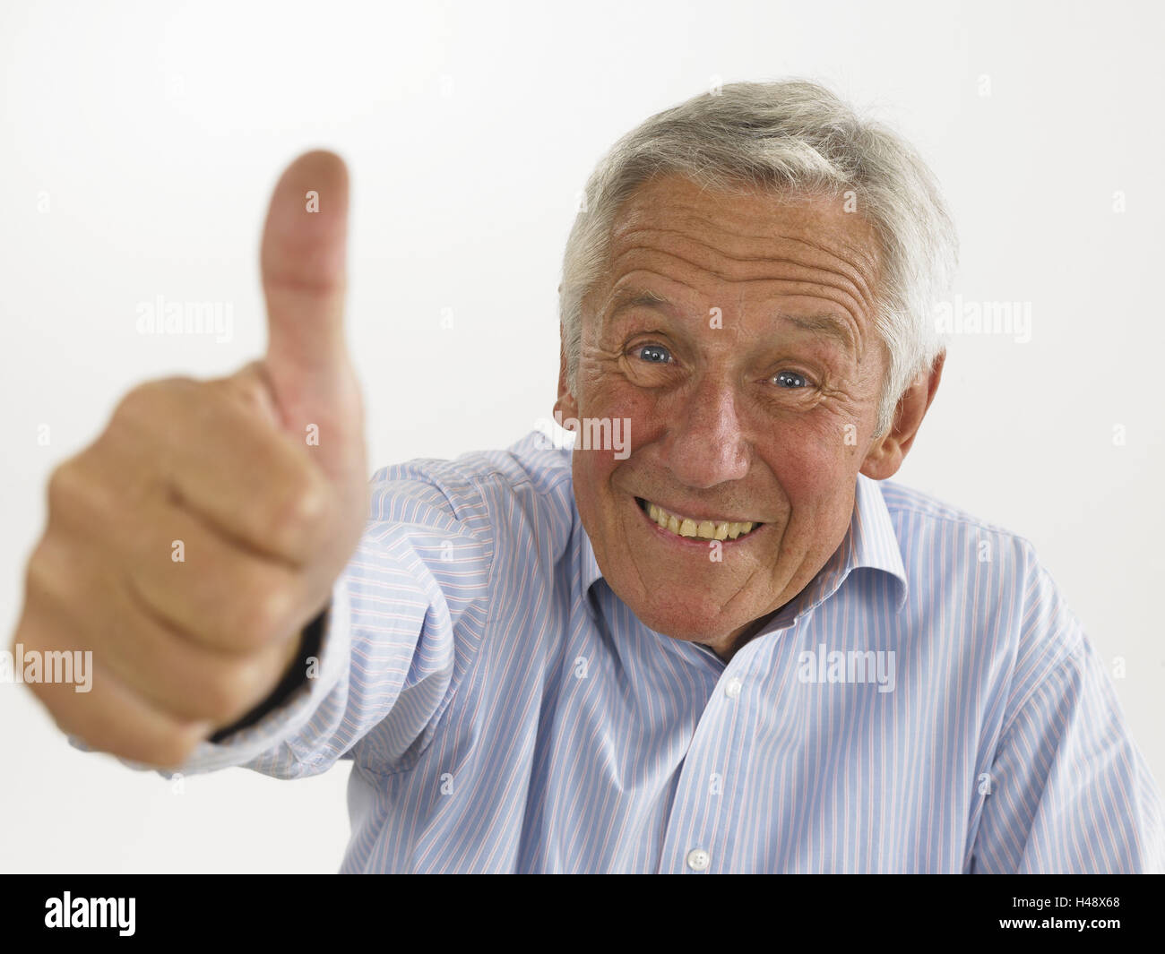 Senior, gesture, pollex high, portrait, model released, people, man, grey-haired, joy, enthusiasm, joy life, indicate, happy, studio, inside, cut out, Stock Photo
