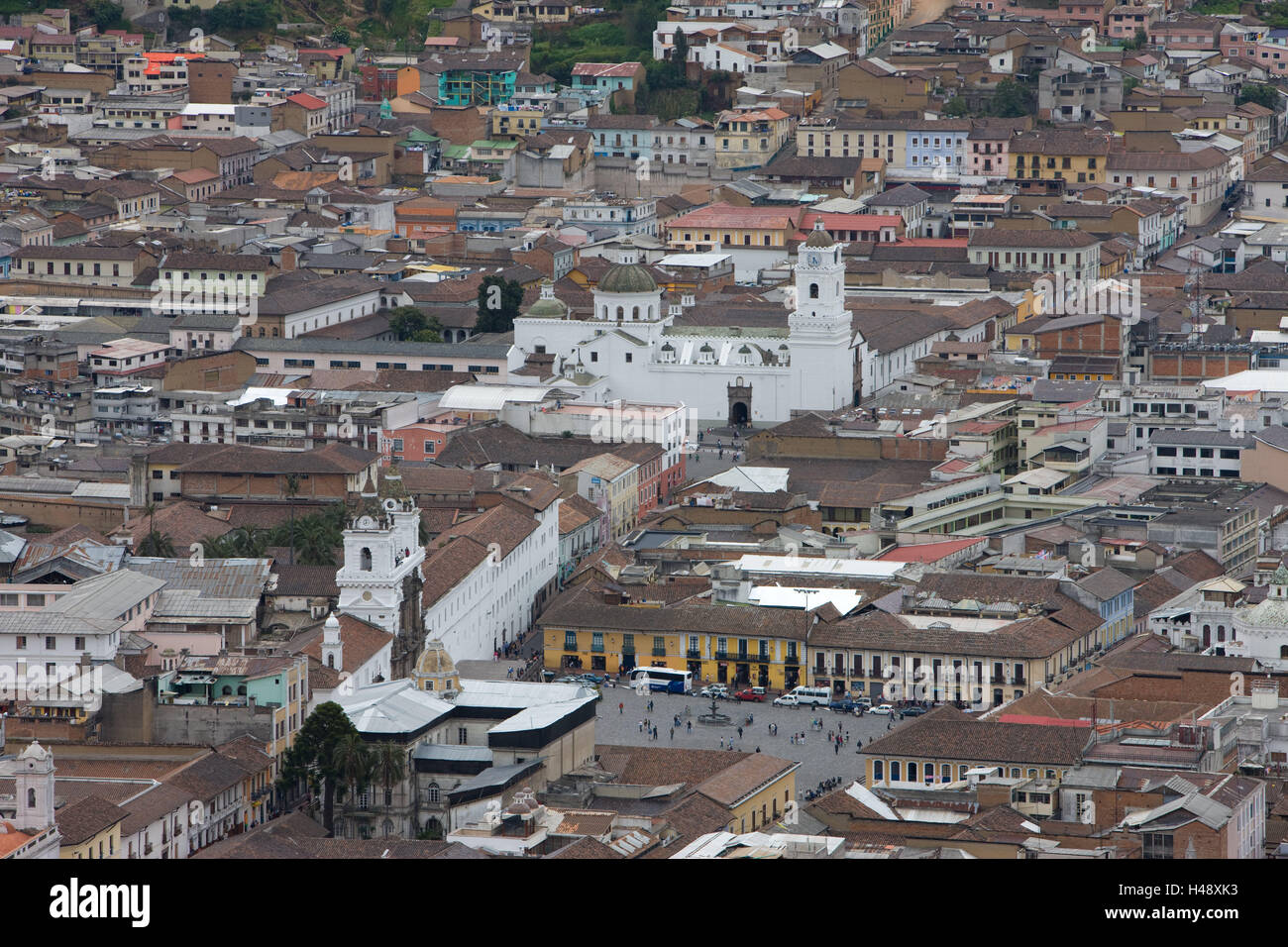 Ecuador, province Pichincha, Quito, Parque la Panecillo, town overview, South America, town, capital, hill, Panecillo, lookout, overview, houses, roofs, towers, church, churches, view, overview, Stock Photo