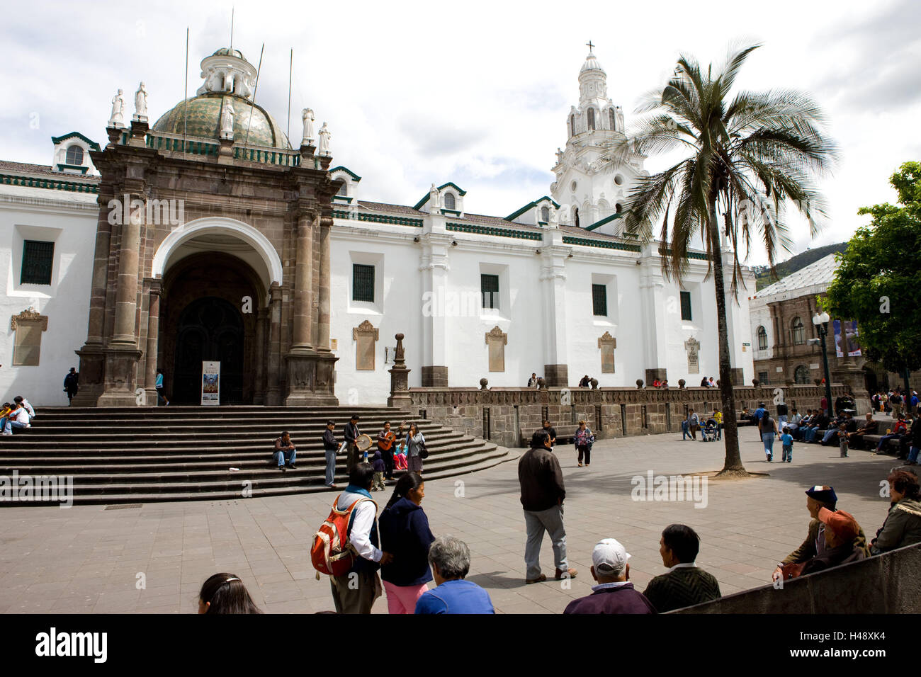 Ecuador, province of Pichincha, Quito, plaza de la Independencia, passers-by, presidential palace, cathedral, detail, South America, town, capital, architecture, building, building, outside, facade, entrance, side entrance, stair, church, steeple, place, Stock Photo