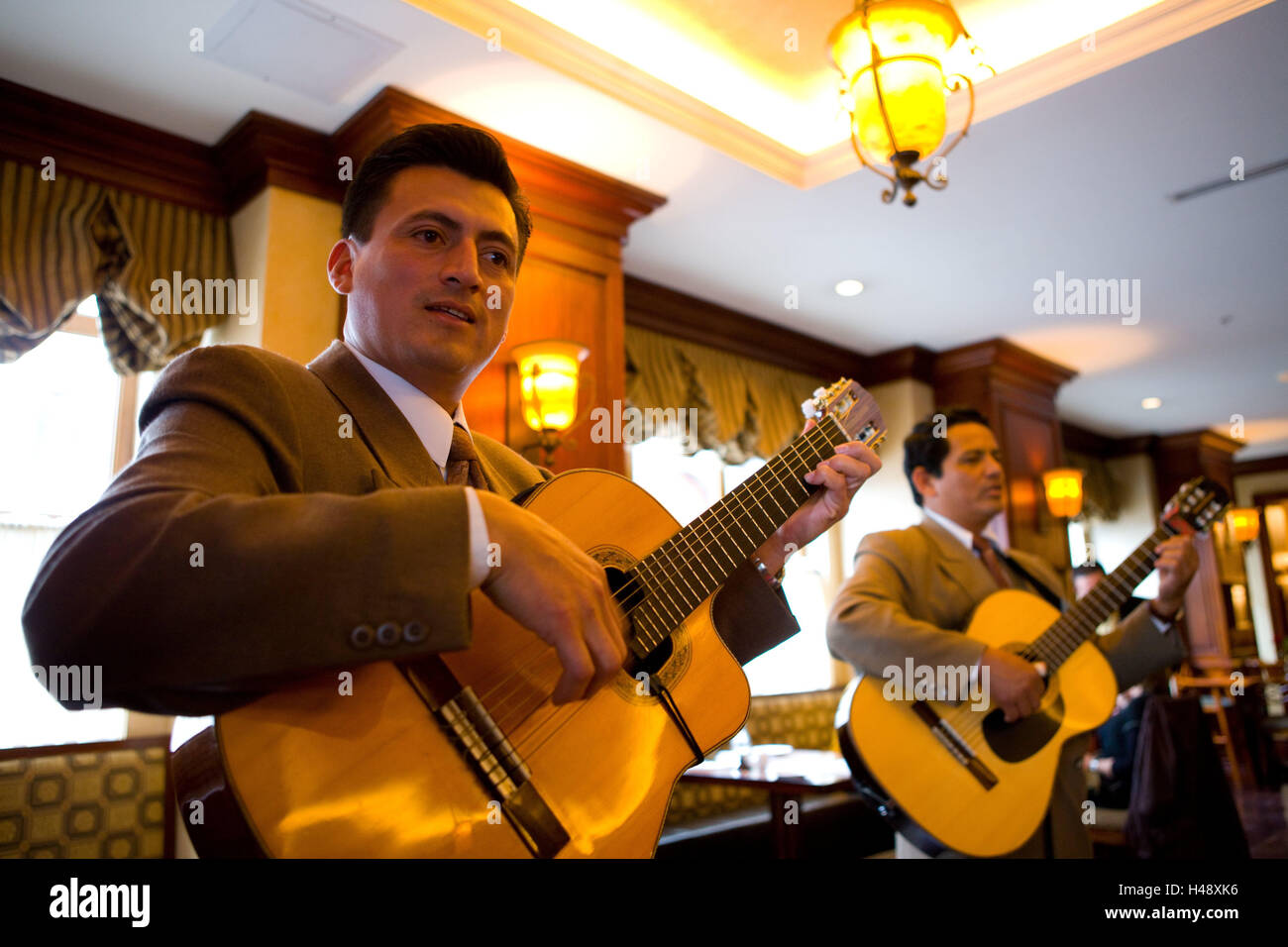 Ecuador, province Pichincha, Quito, bar, musician, South America, town, capital, restaurant, inside, entertainment, music, men, South American Indians, guitars, guitar players, sing, there make music, locals, folklore, guitar, people, singers, tourism, Stock Photo
