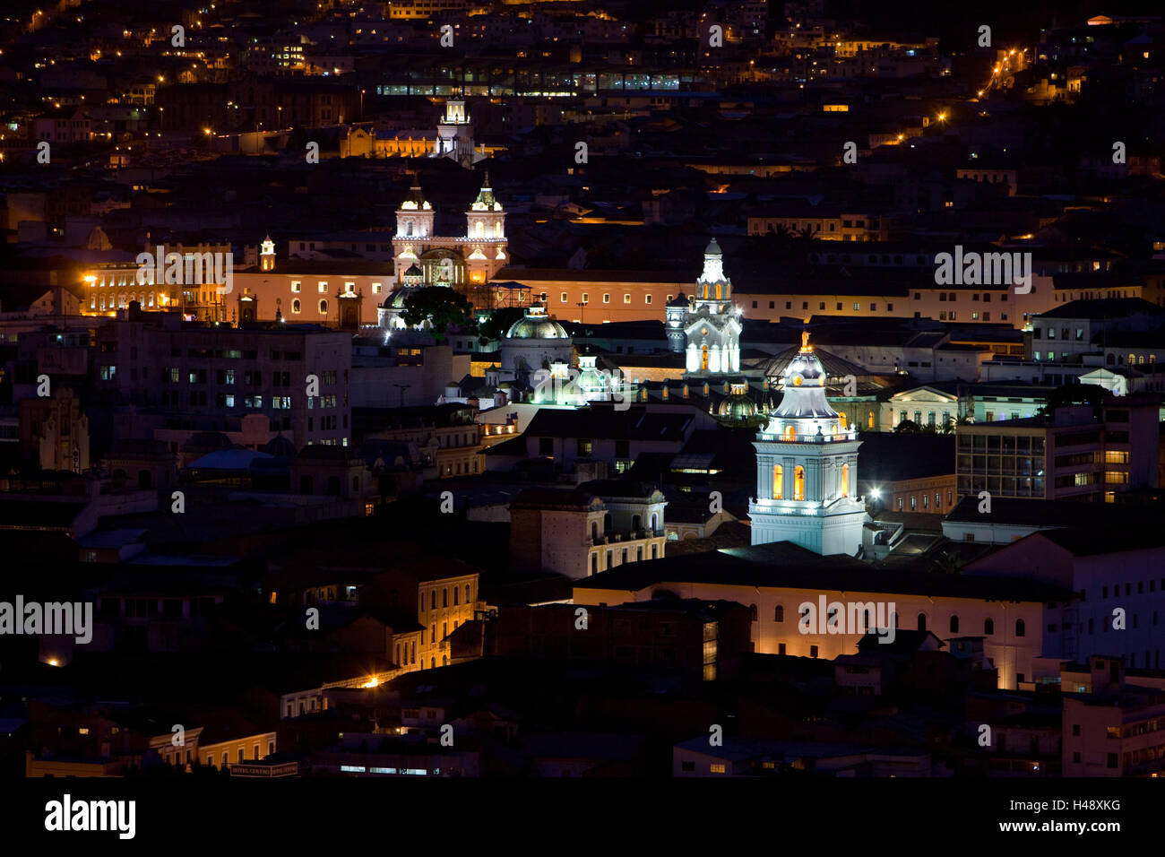 Ecuador, province Pichincha, Quito, Parque la Panecillo, town overview, night, South America, town, capital, hill, Panecillo, lookout, overview, houses, roofs, towers, church, churches, lights, evening, view, overview, Stock Photo