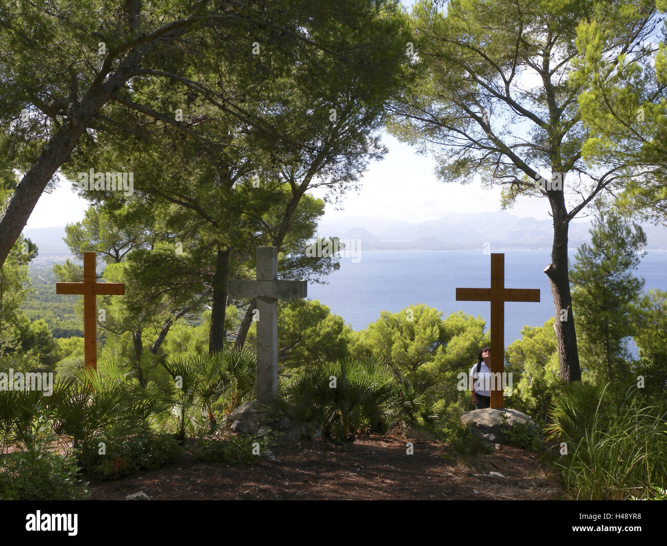 Three crosses on the peninsula Victoria, altar, Majorca, Spain, Stock Photo