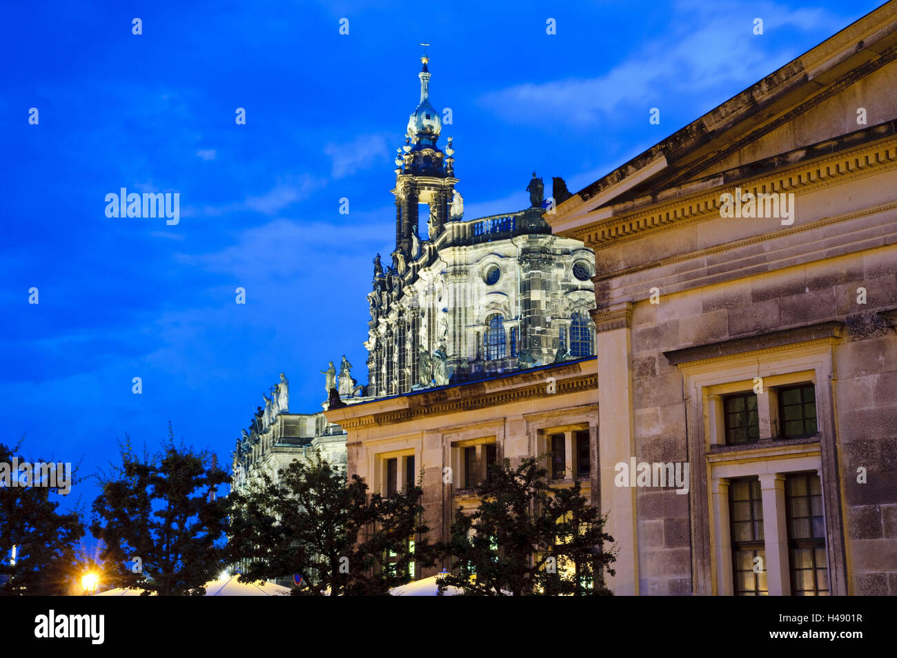 Cathedral, Schinkelwache, dusk, Dresden, Saxon, Germany, Stock Photo