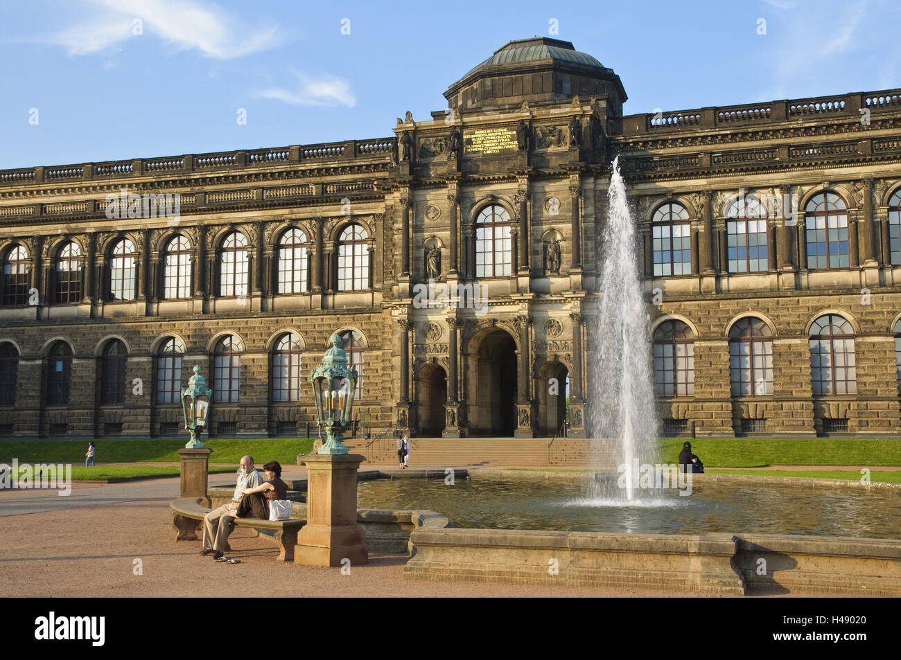 Zwinger with Semper gallery, water jet, Dresden, Saxony, Germany, Stock Photo