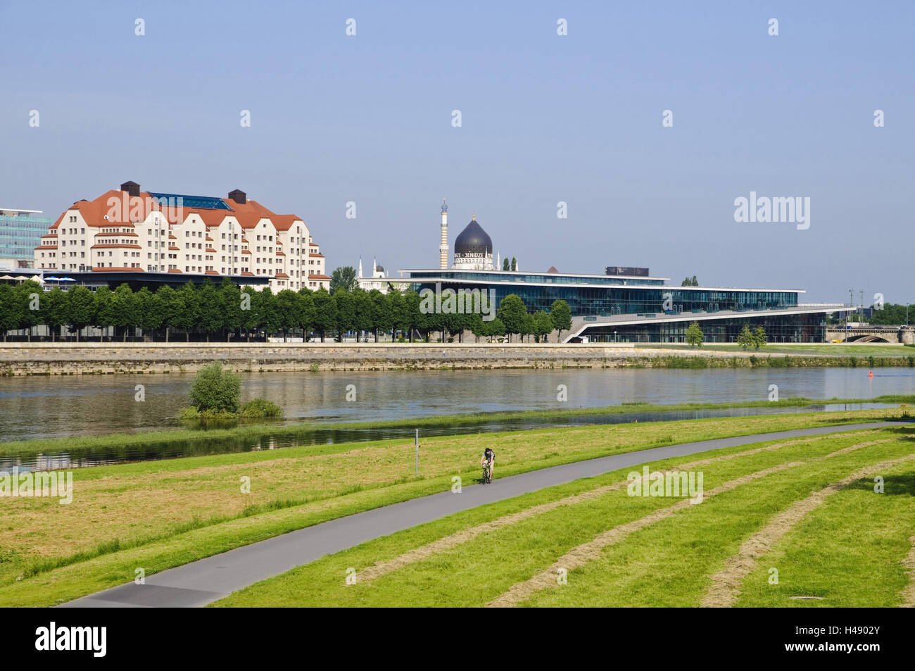 The Elbe, Erlweinspeicher, Maritim Kongress Hotel Dresden, Landtag, conference centre, Yenidze, Dresden, Saxony, Germany, Stock Photo