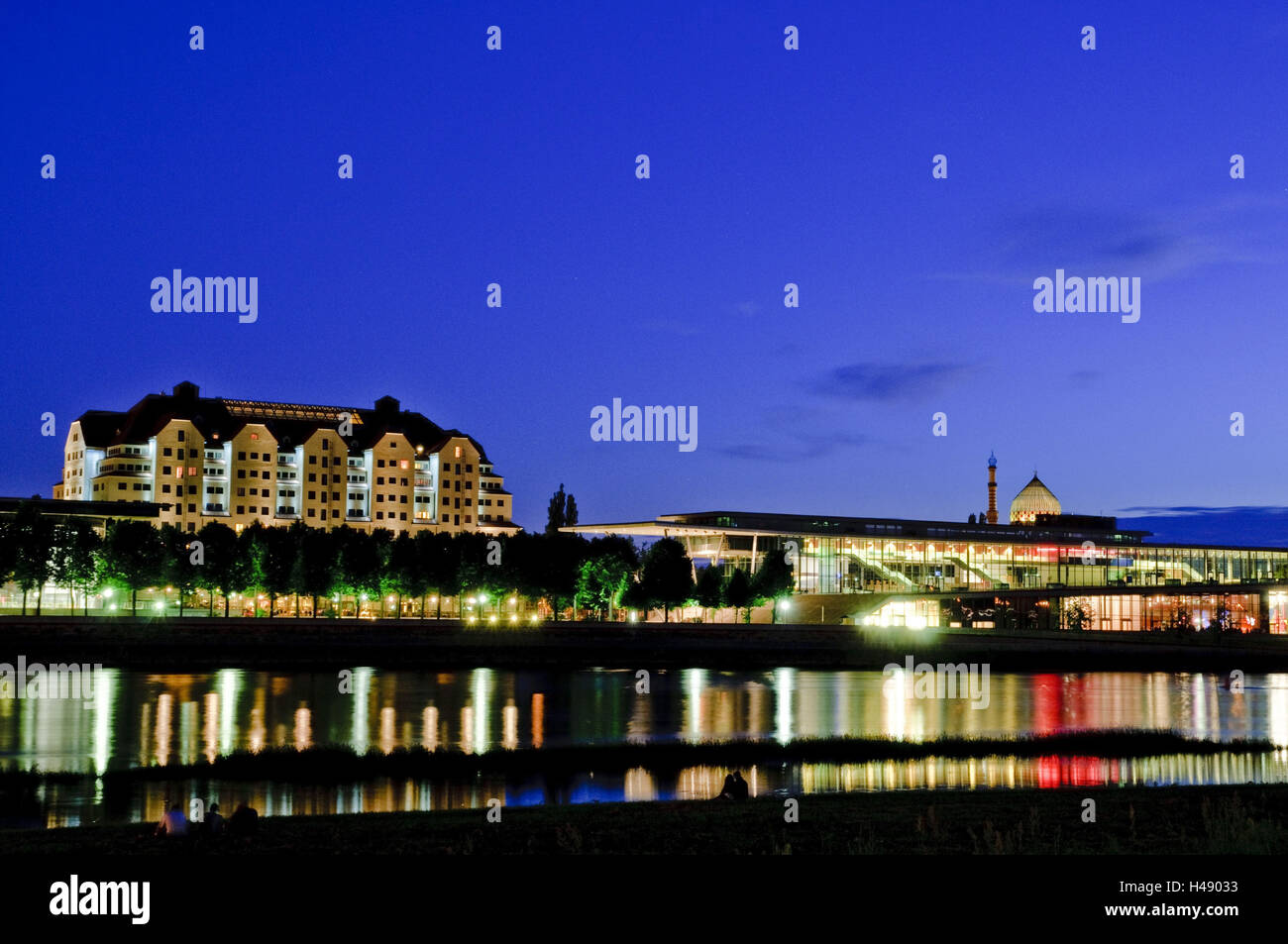The Elbe, Erlweinspeicher, Maritim Kongress Hotel Dresden, conference centre, Yenidze, dusk, Dresden, Saxony, Germany, Stock Photo