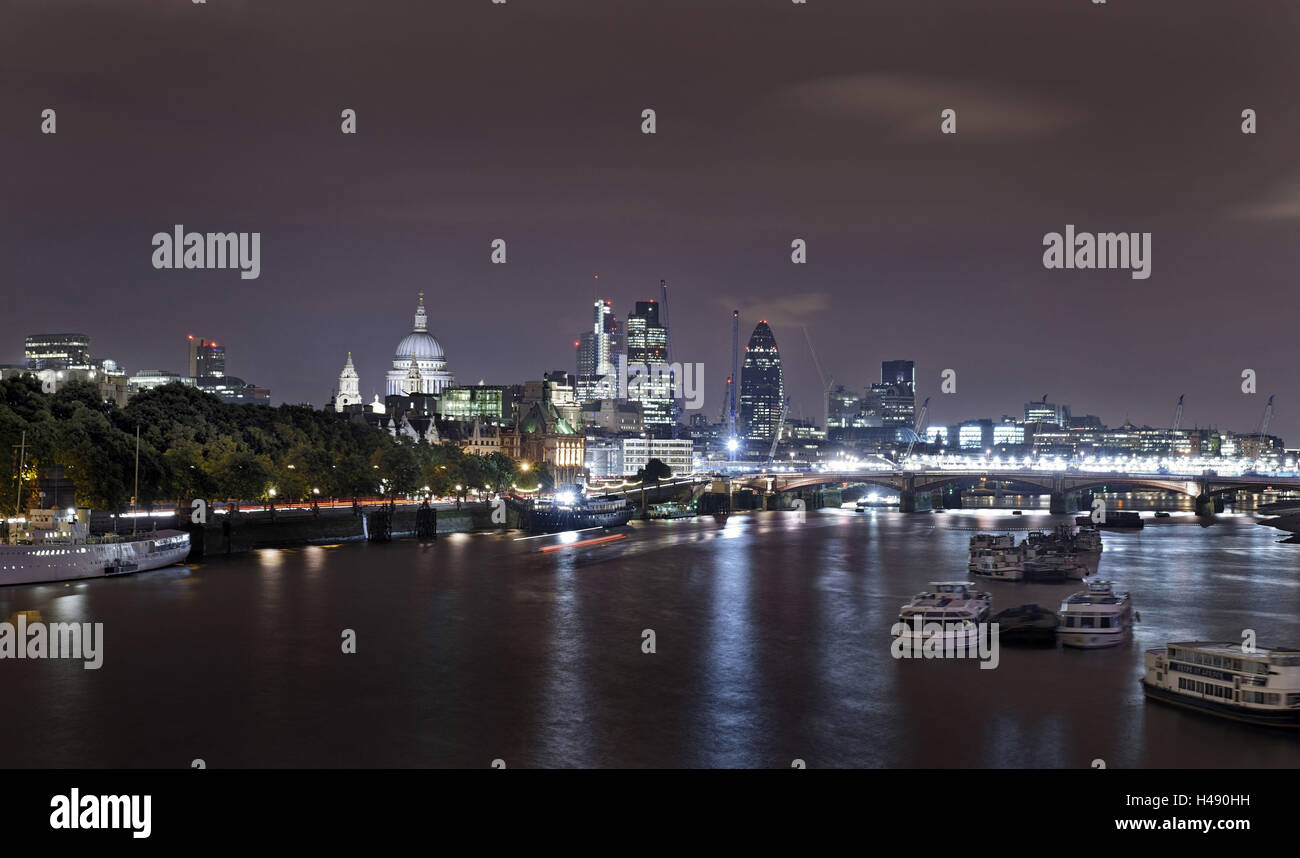 Panorama, City of London, St Paul's Cathedral, Anglican cathedral, the Thames, night photography, London, England, UK, Stock Photo