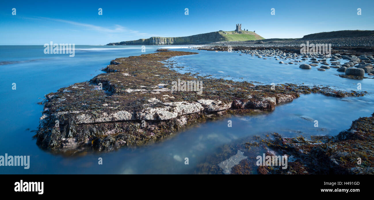 Dunstanburgh Castle from the rocky ledges of Embleton Bay, Northumberland, England. Spring (March) 2014. Stock Photo