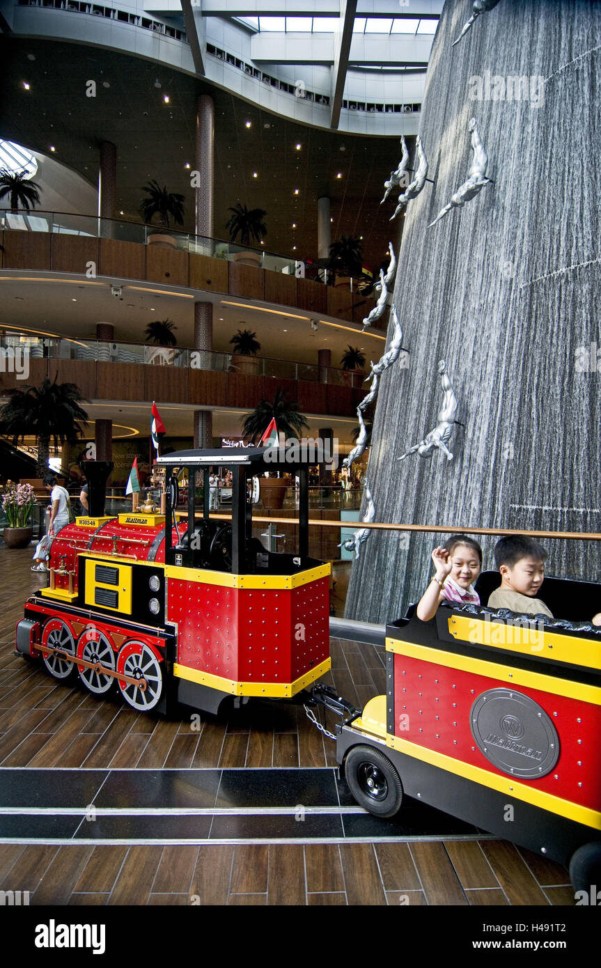 VAE, Dubai, Dubai Mall, shopping centre, waterfall, child railway, interior view, Stock Photo