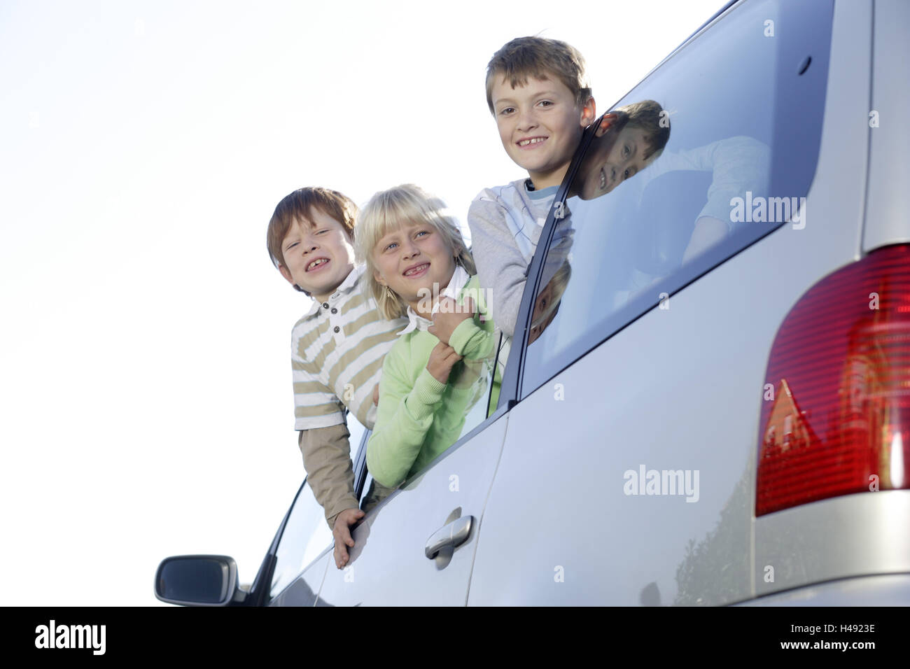 Children, boys, girls, three, view car window, Stock Photo