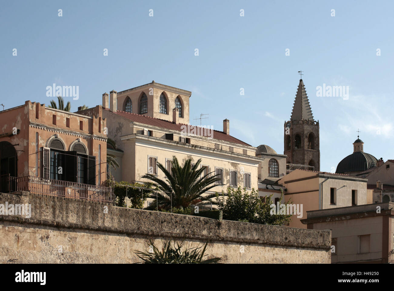 Italy, Sardinia, Alghero, town view, Old Town, island, destination, building, houses, architecture, residential houses, church, steeple, palms, outside, deserted, fortress defensive wall, city wall, old, cathedral, Bastioni, Stock Photo