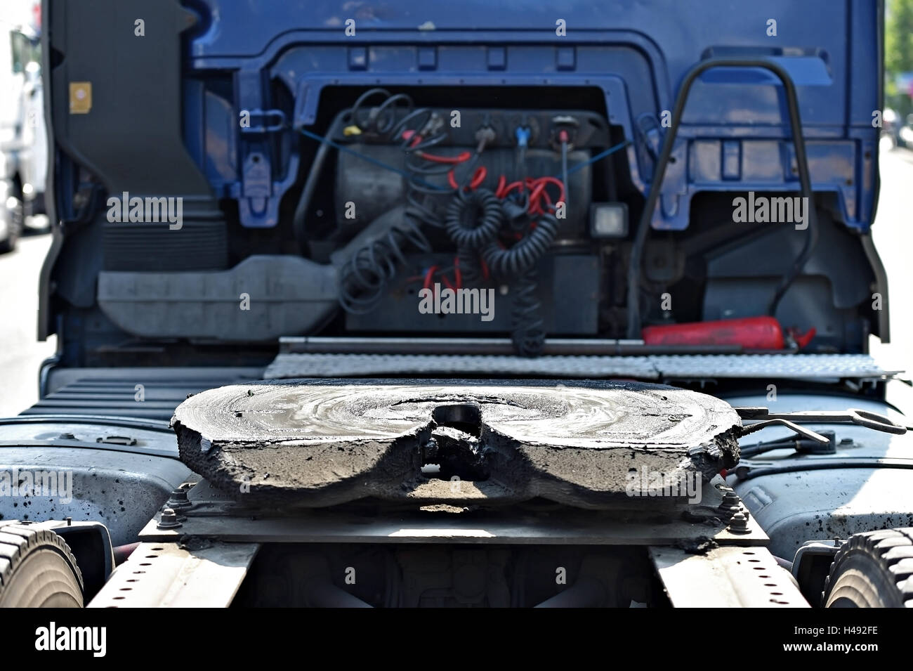 Detail with a greased fifth wheel truck coupling mechanism Stock Photo