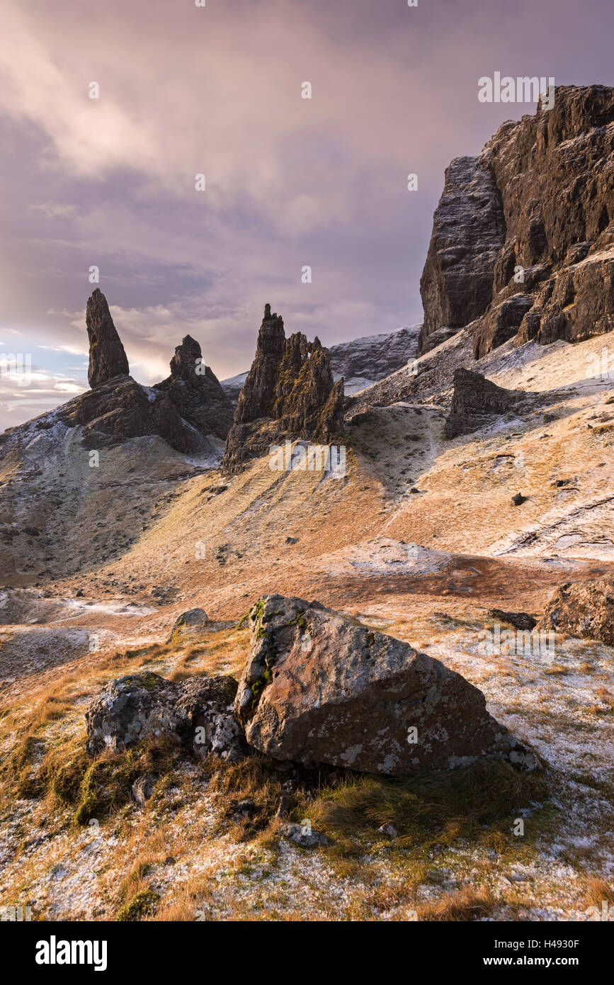 The Old Man of Storr on a winter morning, Isle of Skye, Scotland. Winter (December) 2013. Stock Photo