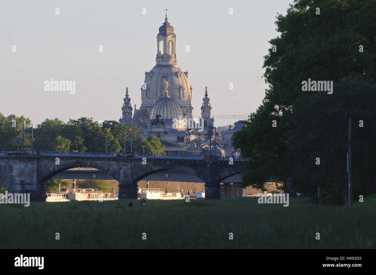 Elbe valley, Church of Our Lady, Albert's bridge, Dresden, Saxon, Germany, Stock Photo