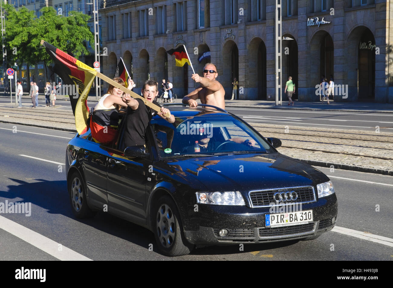 Wilsdruffer street, car with football fans, Dresden, Saxon, Germany, Stock Photo
