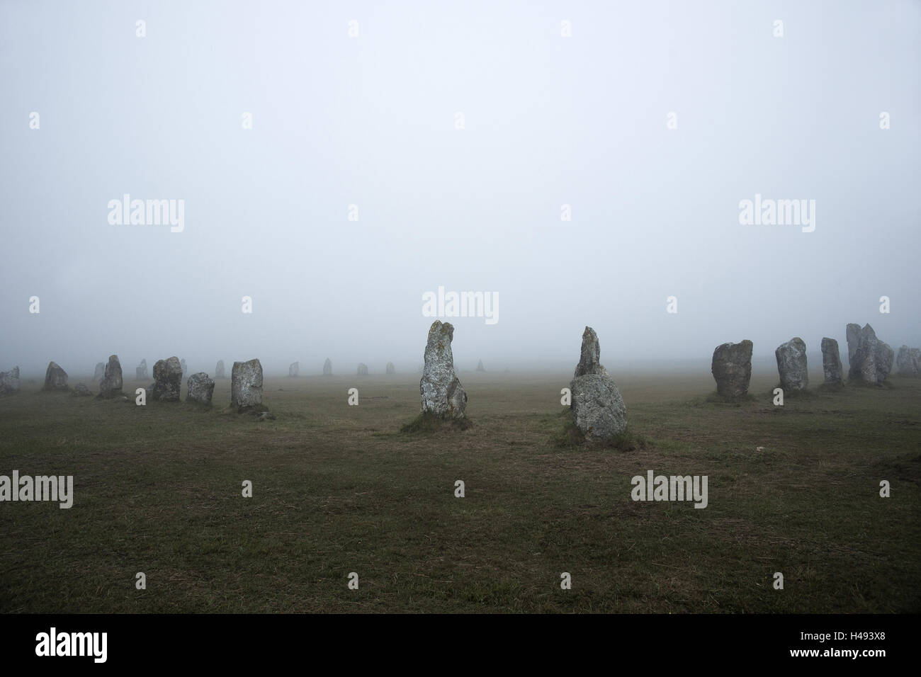 Alignement of Lagatjar in the fog, Brittany, France, Stock Photo