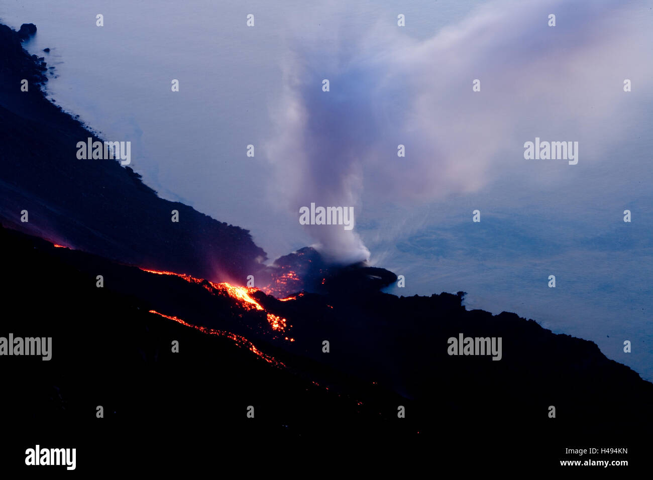 Italy, Sicily, Stromboli, volcano eruption, lava, smoke, Stock Photo