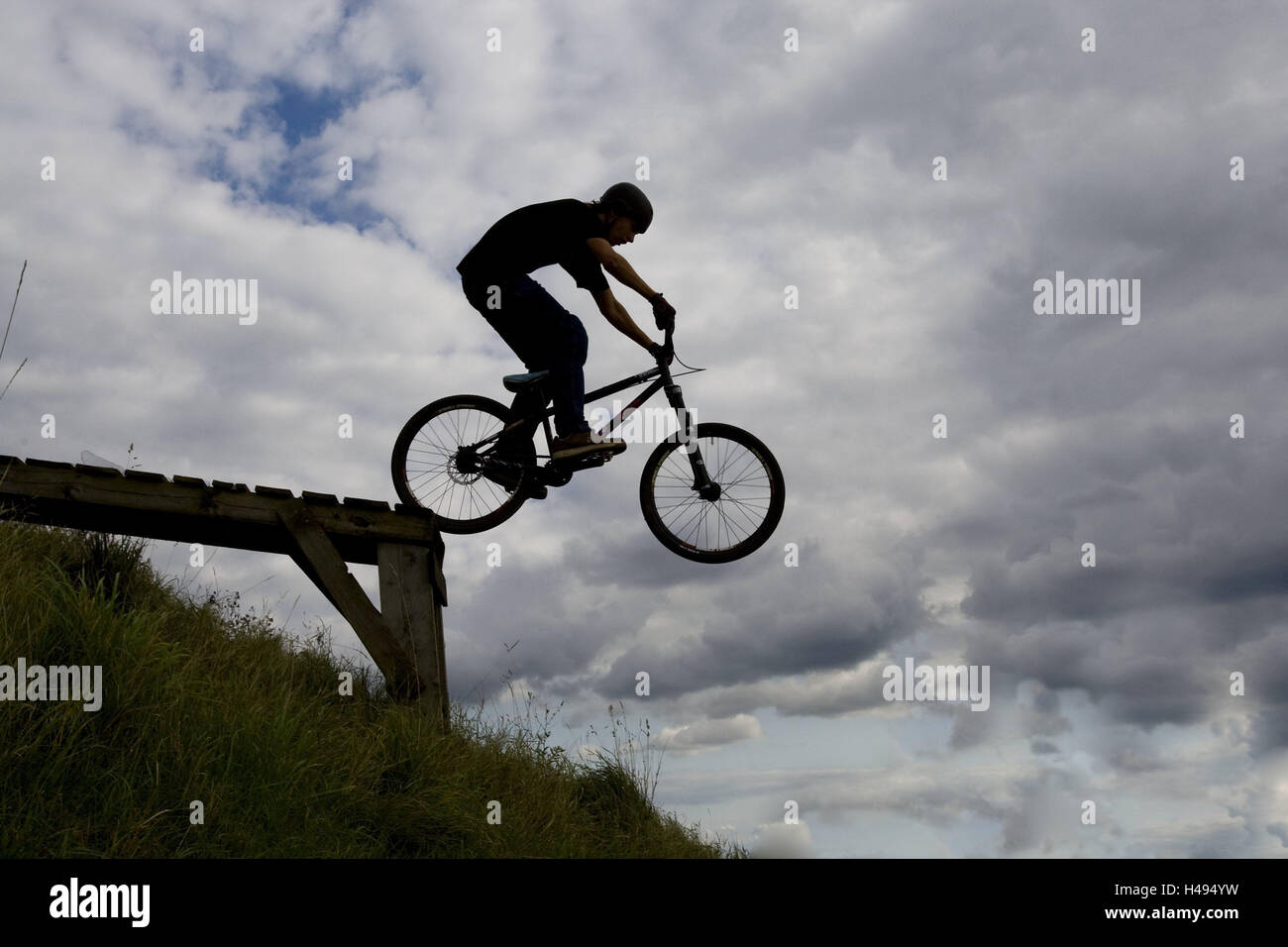 Inclination, wooden ramp, silhouette, cyclist, crack, side view, people ...
