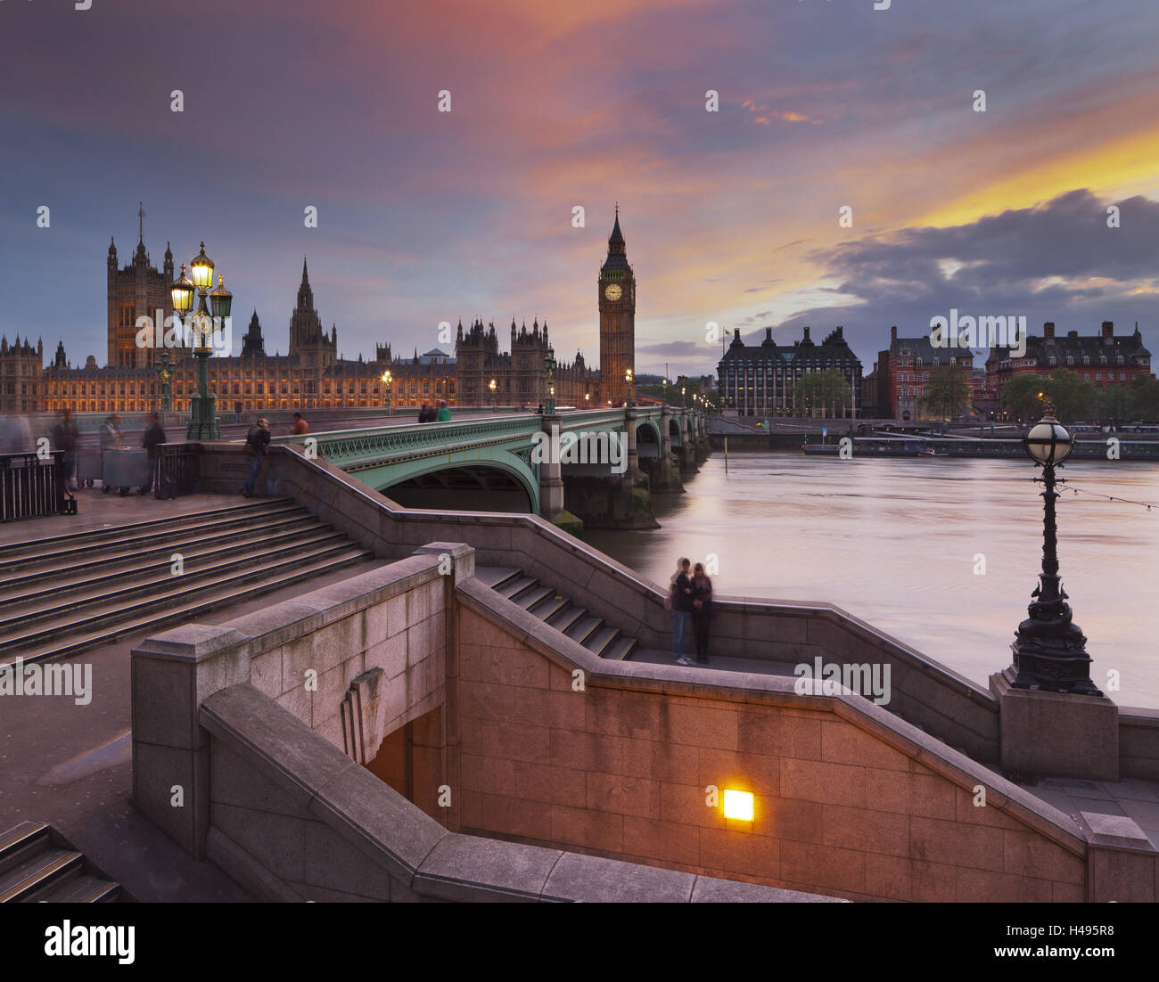 The Thames, Westminster Bridge, Westminster Palace, Big Ben, in the evening, London, England, Great Britain, Stock Photo