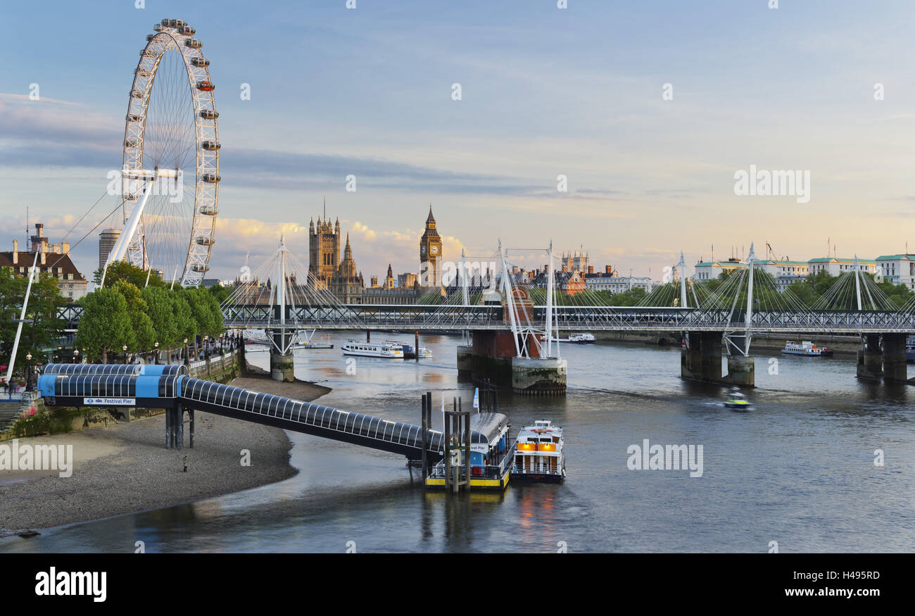 The Thames, Hungerford bridge, Westminster Palace, London Eye, Big Ben, London, England, Great Britain, Stock Photo