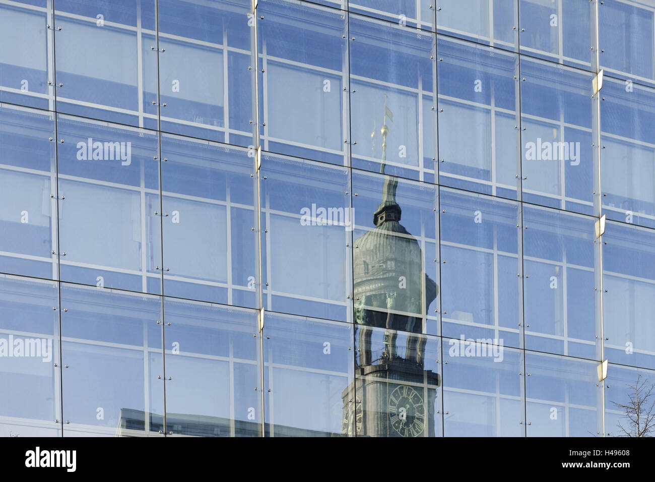 Reflection of Michel in an office building facade, landmark, Neustadt, Hanseatic City of Hamburg, Germany, Stock Photo