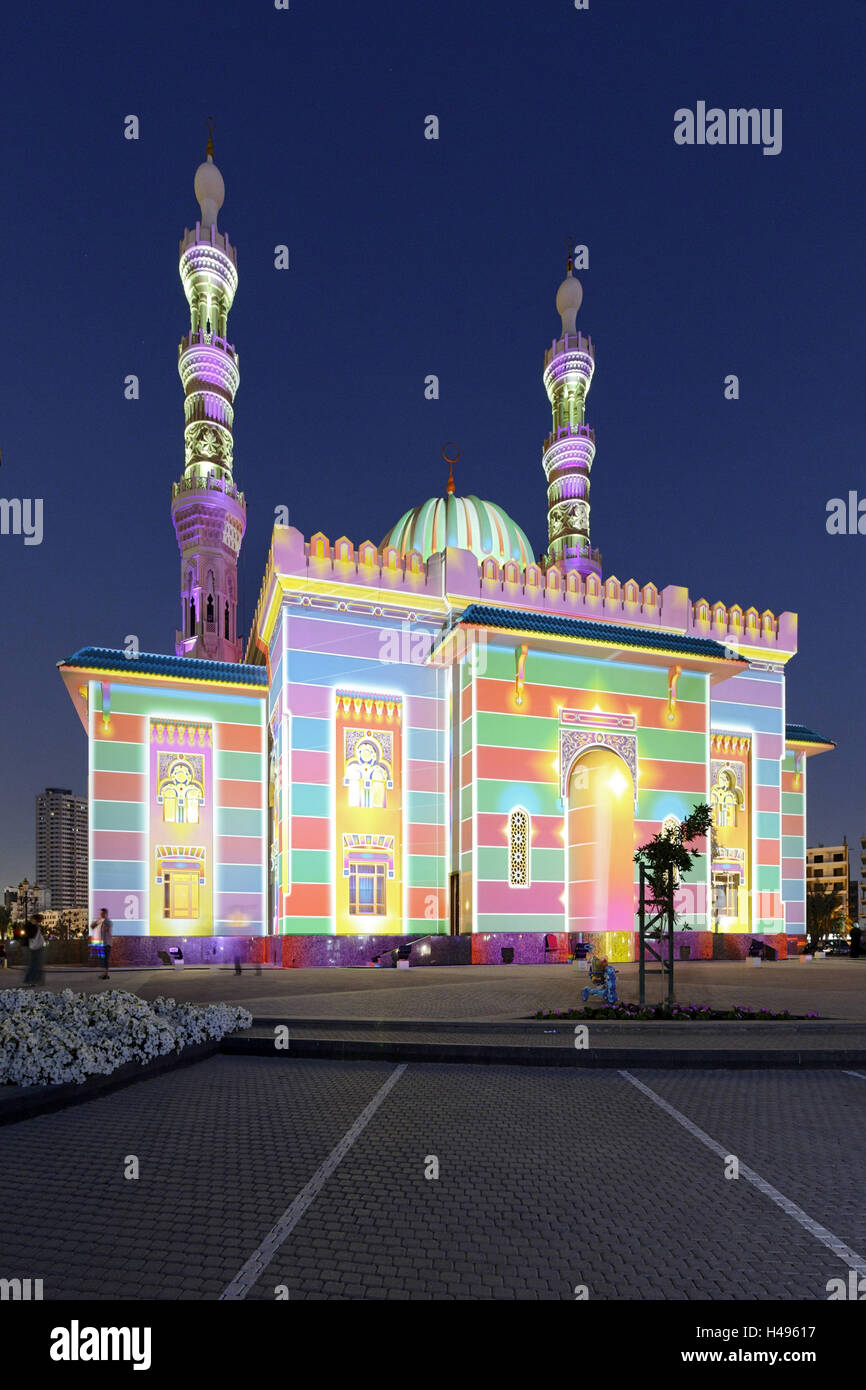 Al Majaz mosque, illuminated, Sharjah Light Festival, Al Majaz Park, Corniche Street, Emirate of Sharjah, United Arab Emirates, Arabian Peninsula, the Middle East, Asia, Stock Photo