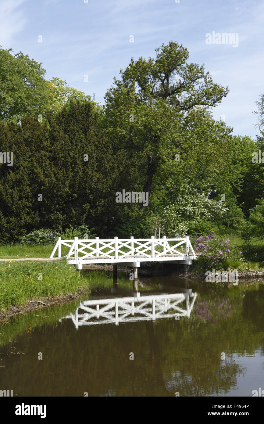 Germany, Schleswig - Holstein, Eutin, historical wooden bridge in the lock garden, Stock Photo