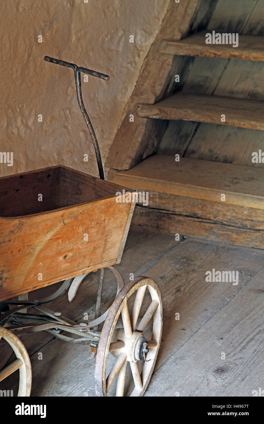 old baby carriage, wooden stairs, farmhouse, rural, hallway, Stock Photo