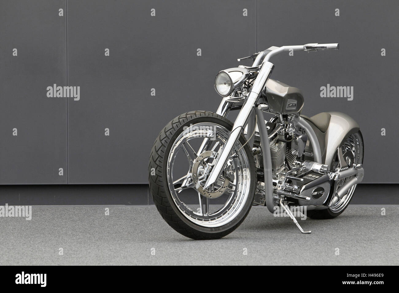 Motorcycle, chopper AMG, diagonal, tilted front view, silver, design motorcycle, Stock Photo