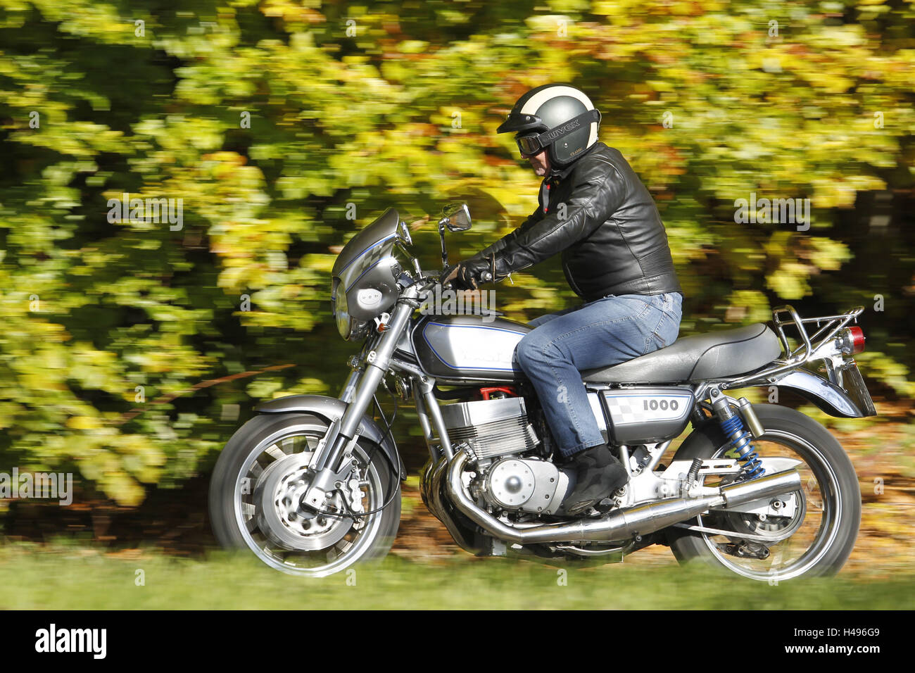 Motorcyclist, classical music motorcycle, Walter, 1000th, panning, old-timers, left page, Stock Photo