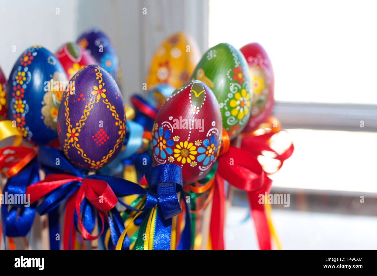 Colourful Easter eggs, small bows, Stock Photo