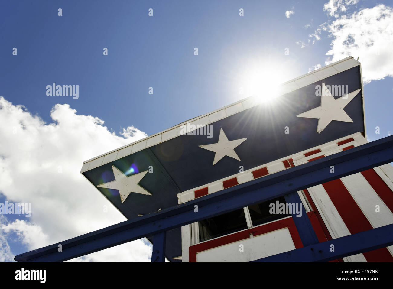 Beach watch-tower in '13 PIECE', Lifeguard Tower with coat of paint in the style of the US flag, Atlantic, Miami South Beach, Florida, USA, Stock Photo