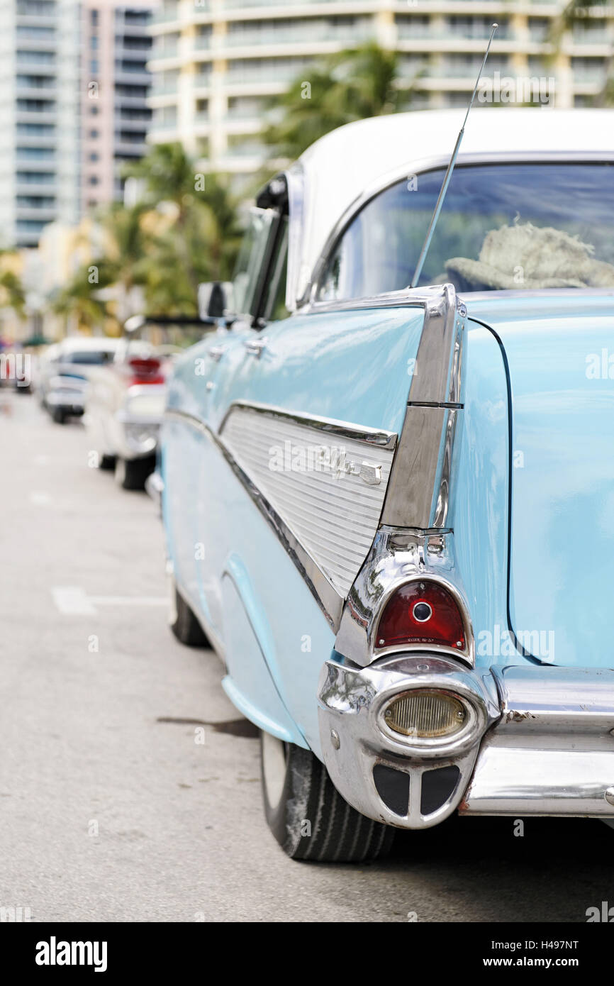 Tail view, tail fin, Chevrolet Bel Air, year of manufacture 1957, the fifties, American vintage car, Ocean Drive, Miami South Beach, Art Deco District, Florida, USA, Stock Photo