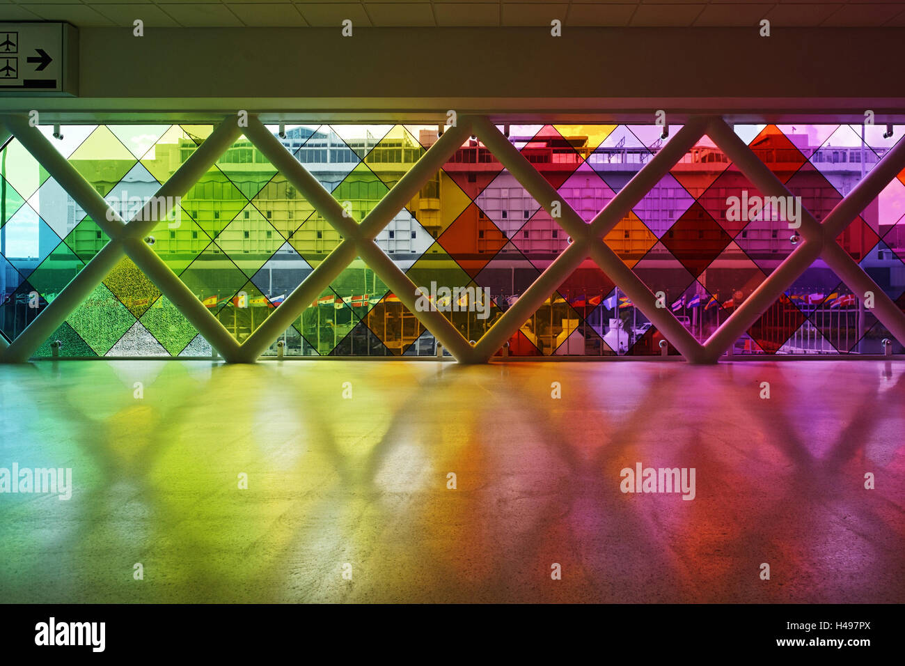 Coloured windows in the transit area of Miami airport, Miami, Florida, USA, Stock Photo