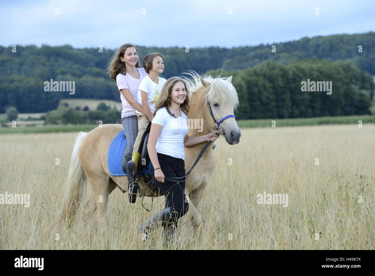 Girls, horse, meadow, view camera, scenery Stock Photo - Alamy