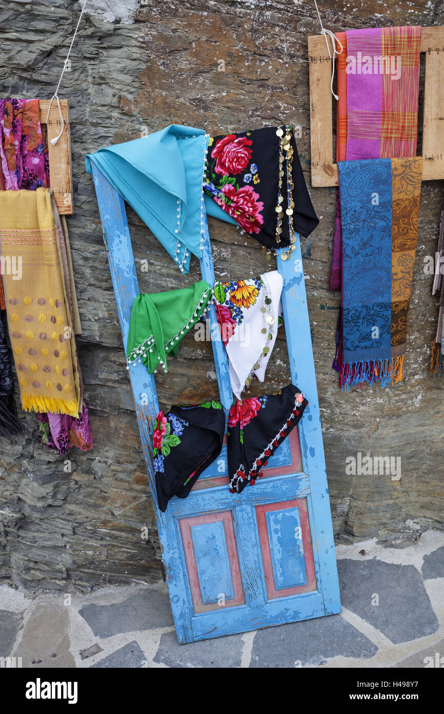 Greece, Karpathos, Olympos, souvenirs, headscarfs, mountain village, Stock Photo
