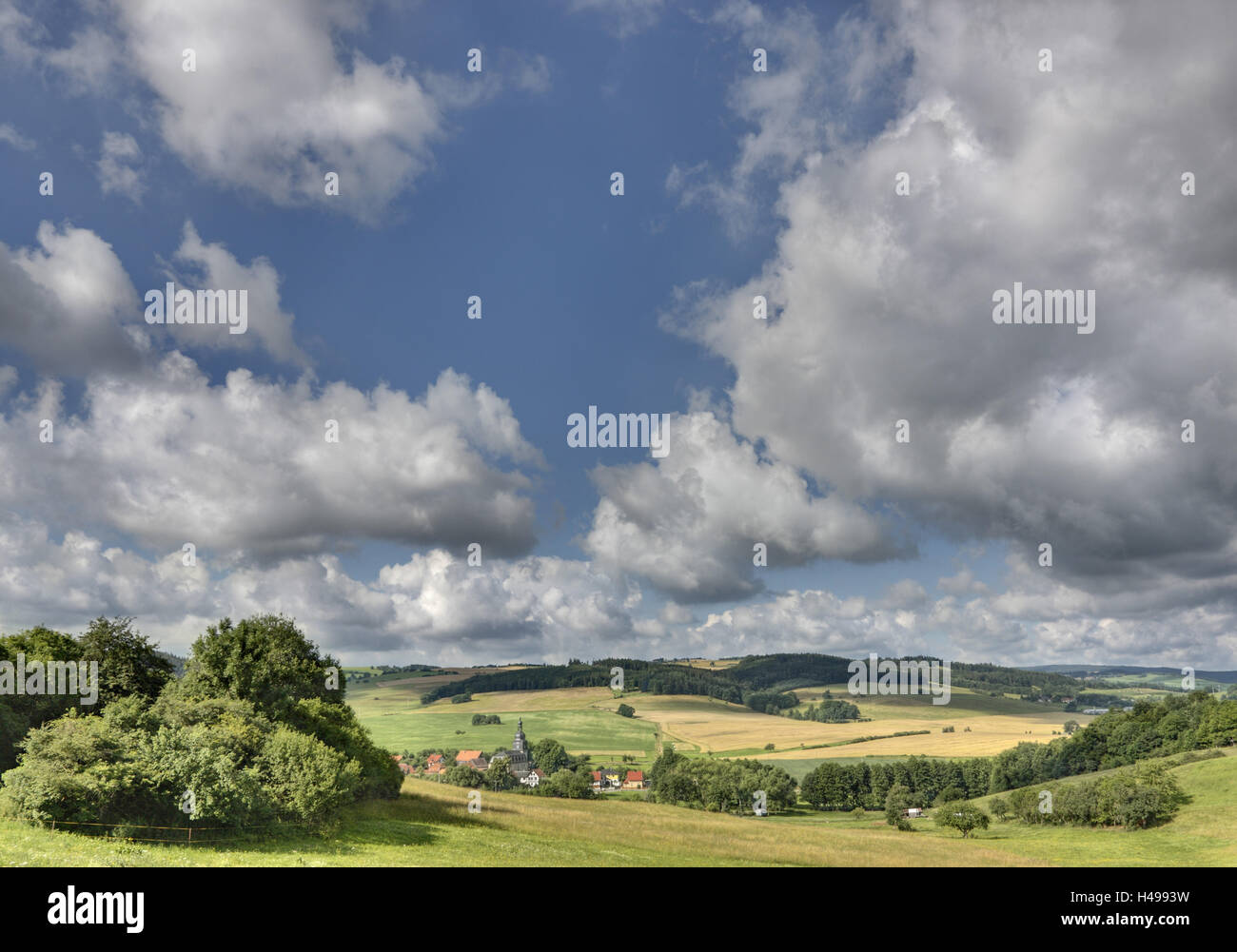 Germany, Thuringia, Thuringian wood, village Allen, scenery, village, church, fields, clouds, Stock Photo