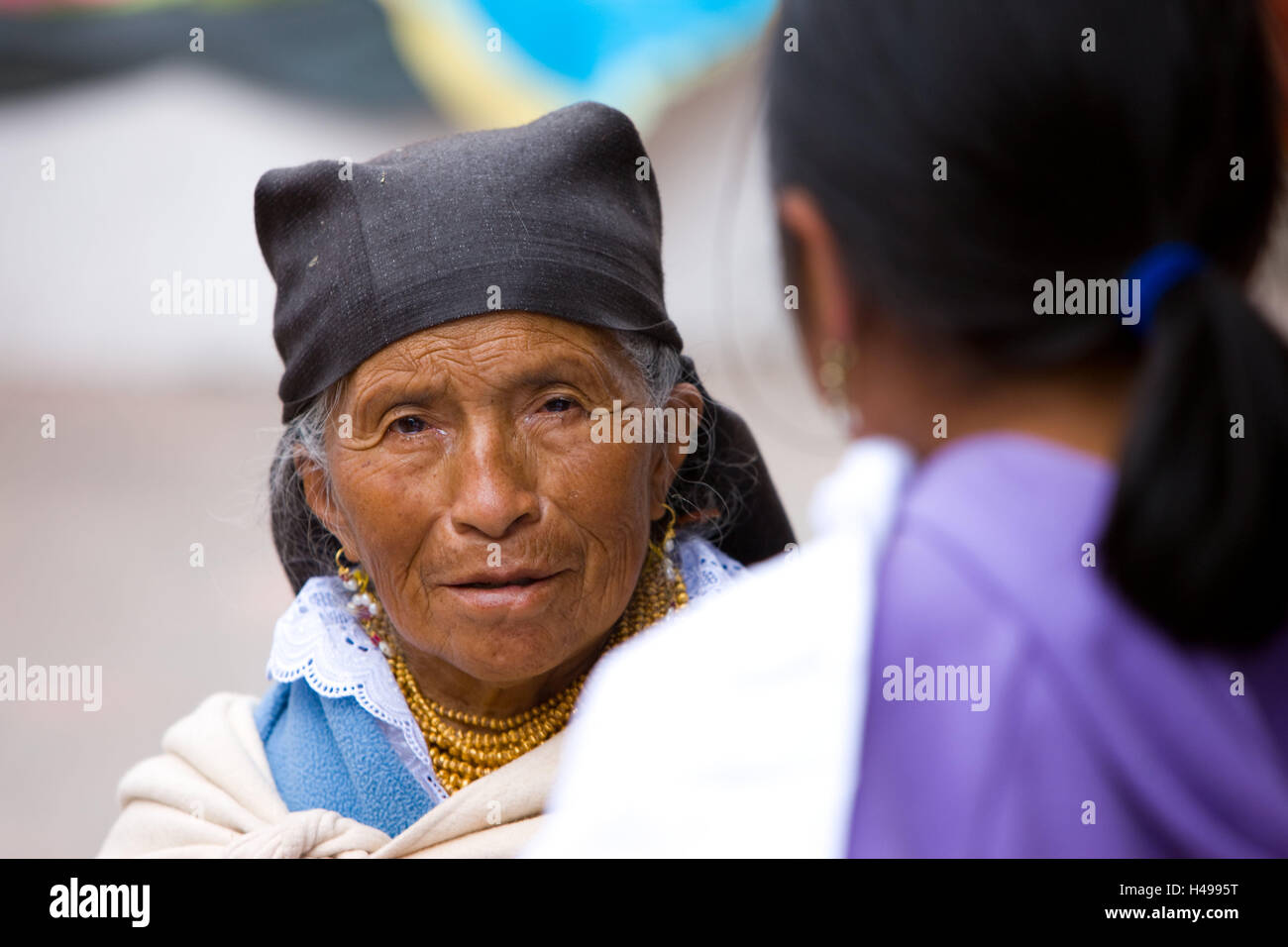 Ecuador, province Cotopaxi, Pujili, market, women, South America, Cotopaxi, locals, people, woman, old, portrait, shopping, trade, sell, traditionally, buying, market tag, dealer, dealer, market woman, customer, South American Indians, Stock Photo